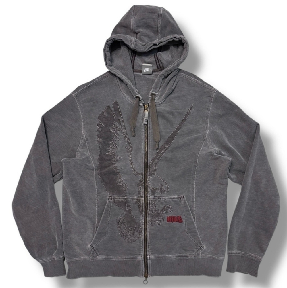 NIKE Grey Distressed Full Zip Hooded Jacket Embroidered Eagle VINTAGE
